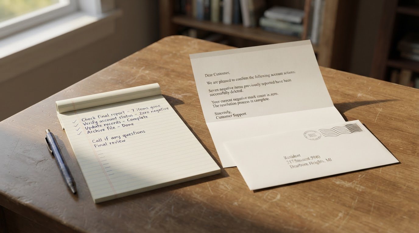 A printed letter and a stamped, addressed envelope lying on a daylit wooden desk beside a legal pad with a few handwritten